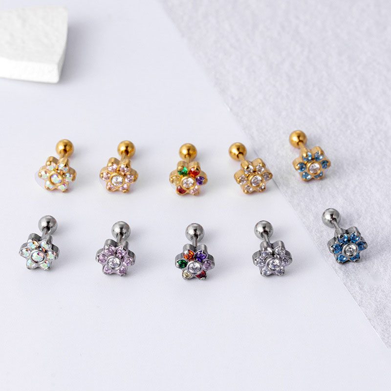 Stainless Steel Coloured Zirconia Flower Single Head Screw Thin Bar Stud Earrings Distributors