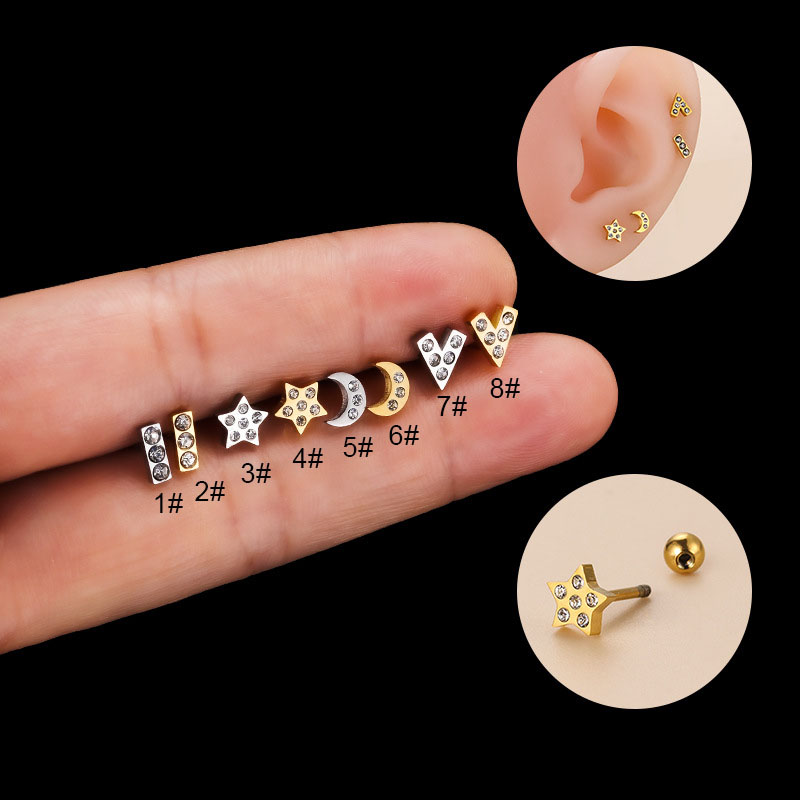 Thin Bar Solid Stainless Steel With Zirconia Star And Moon Screw Stud Earrings Fashion Distributors