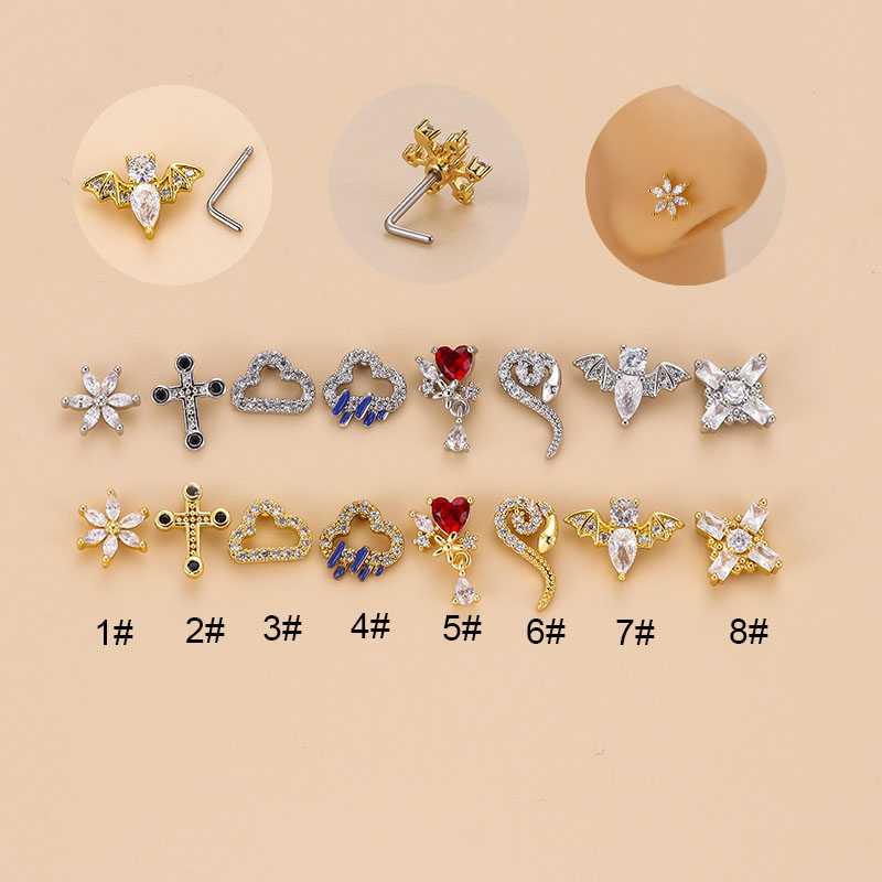 Flower Cross Clouds Snake Bat Zirconia Stainless Steel L-bar Nose Studs Distributors
