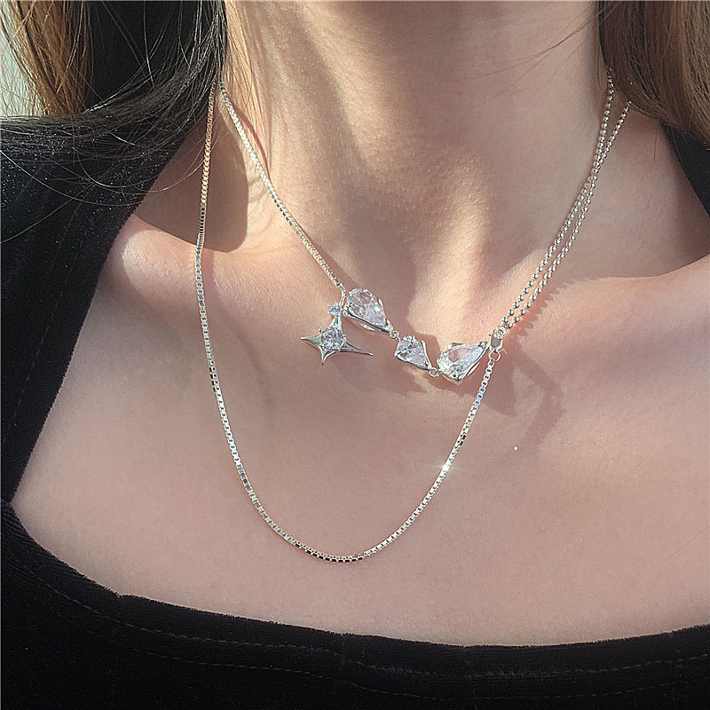 Wholesale Geometric Teardrop Zirconia Starburst Light Luxury Double Layer Necklace
