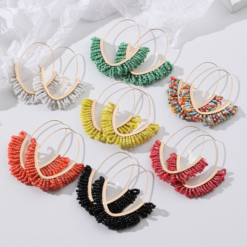 Fashionable V-shaped Tassel Hand-woven Rice Bead Earrings Supplier
