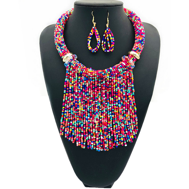 Ethnic Tassel Hanging Beads Rice Beads Exaggerated Necklace Set Vendors