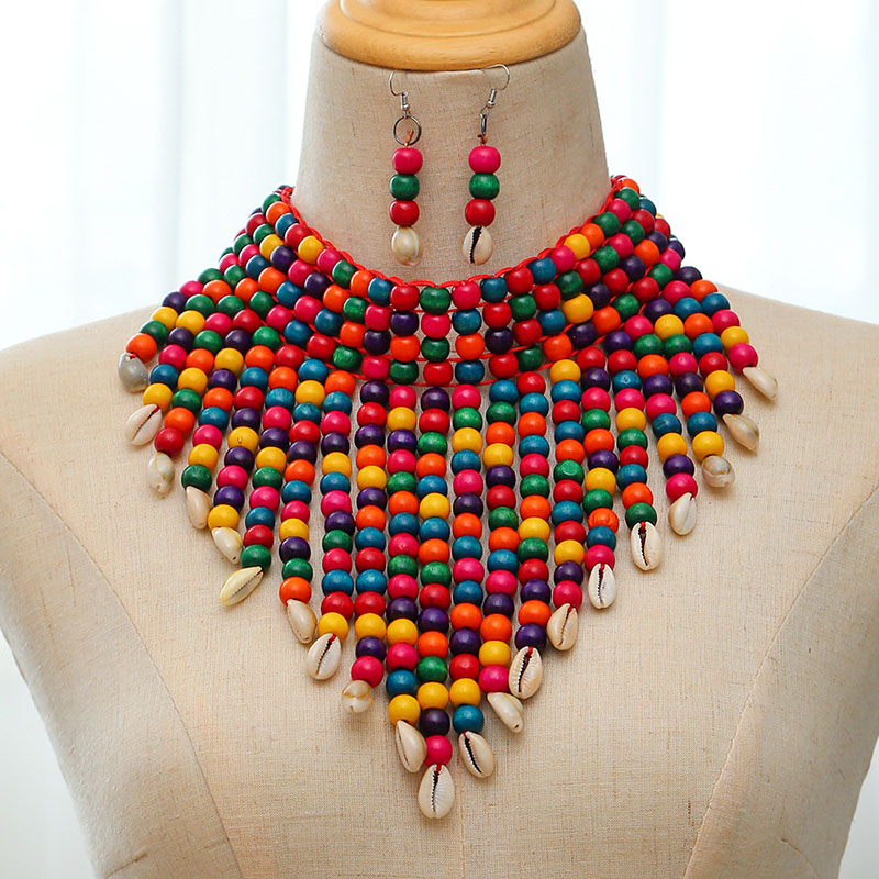 Ethnic Wood Bead Shell Clasp Chain Necklace Set Vendors