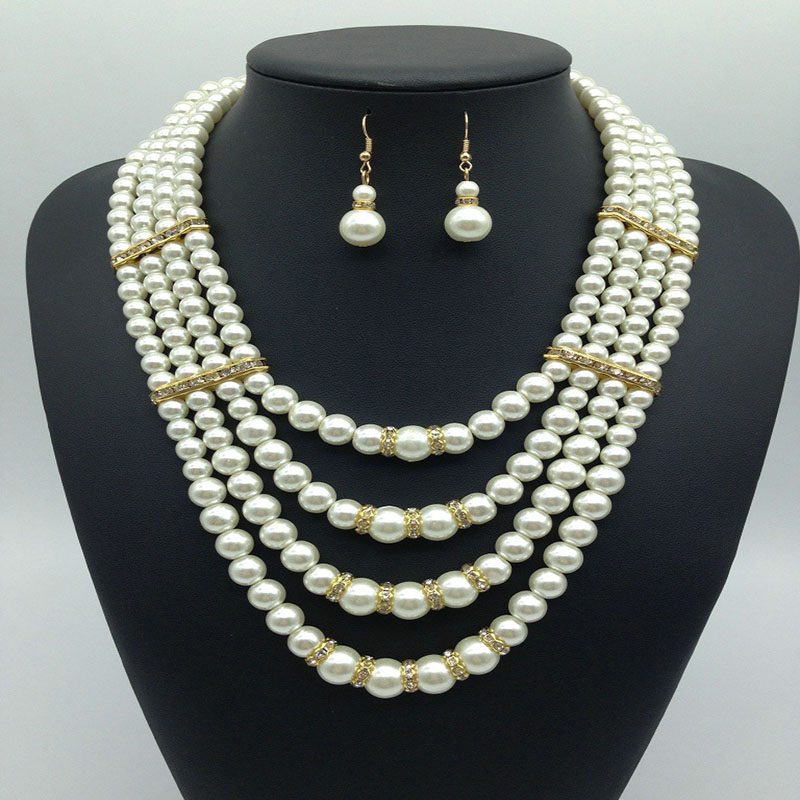 African Diamond Set Pearl Bridal Earrings Bracelet Necklace Three Pieces Set Vendors