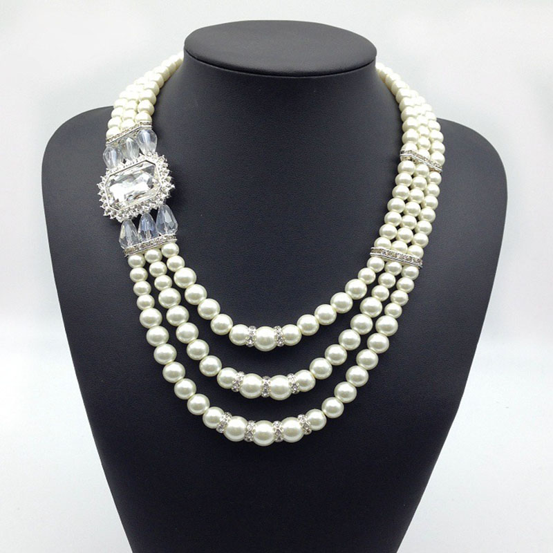 Exaggerated African Diamond-set Multi-layered Pearl Crystal Necklace Set Vendors