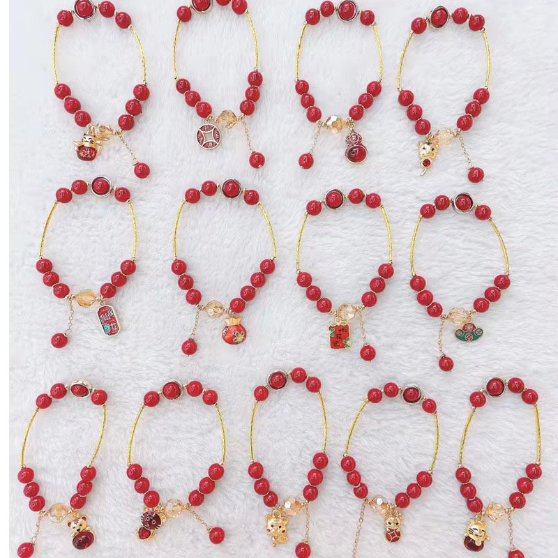Wholesale Red Crystal Onyx Tiger Brave Beckoning Cat String