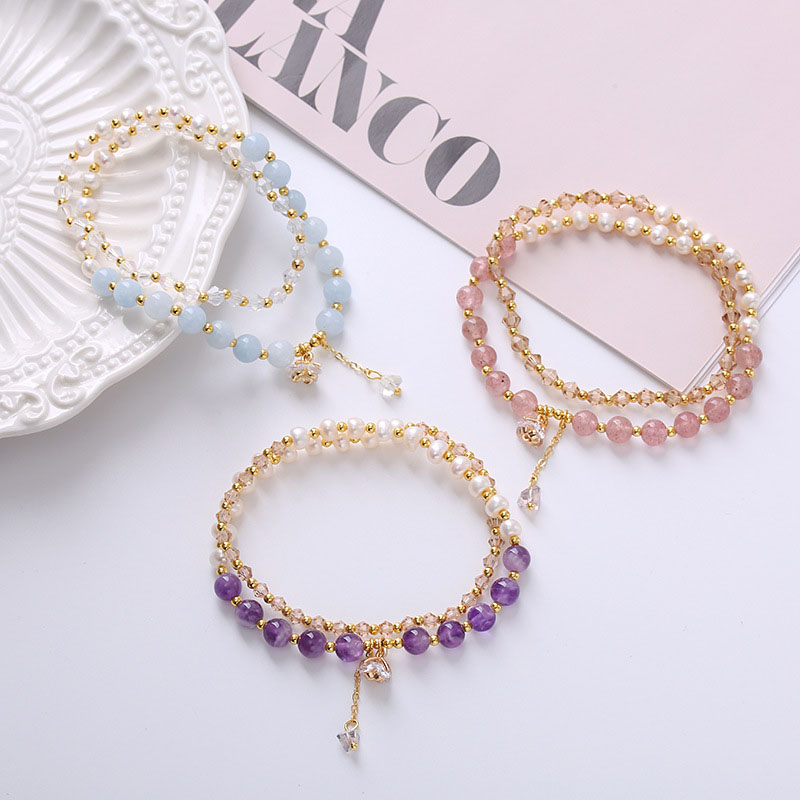 Wholesale Natural Freshwater Pearl Strawberry Crystal Aquamarine Amethyst Bracelet