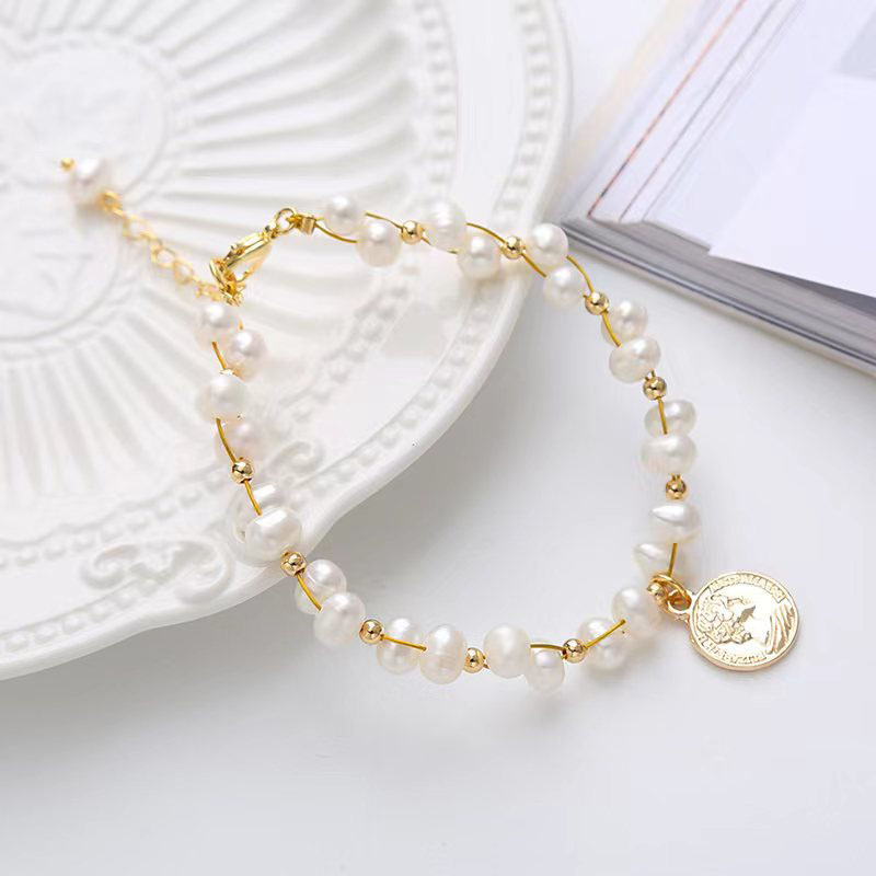 Wholesale Natural Freshwater Pearl Braided Fancy Metal Charm Vintage Bracelet