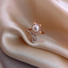 Wholesale Simple Cute Kitty Pearl Micro-zirconia Ring