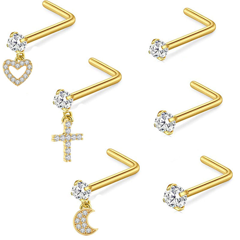 Round Zircon Stainless Steel Peach Heart Pendant 7 Word Nose Studs Set Vendors