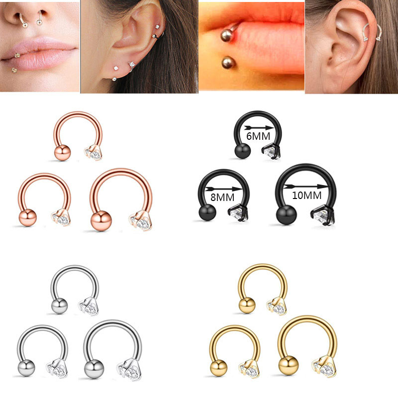 Simple Horseshoe Ring Thin Rod Rose Gold C Zirconia Nose Ring Lip Stud Ear Bone Nail Vendors