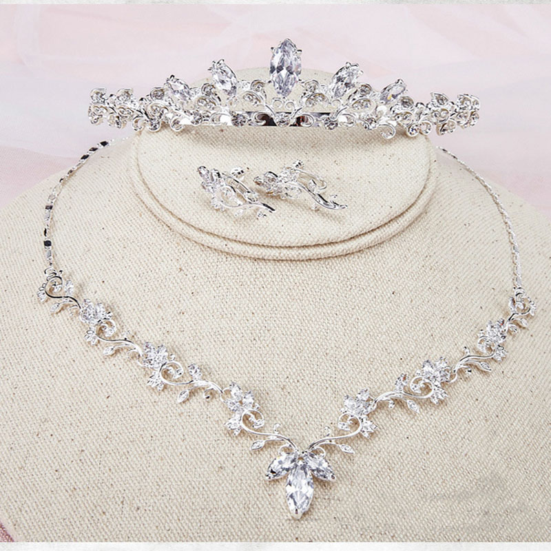 Wholesale Bride Zirconia Crown Necklace Earrings Three Pieces Set