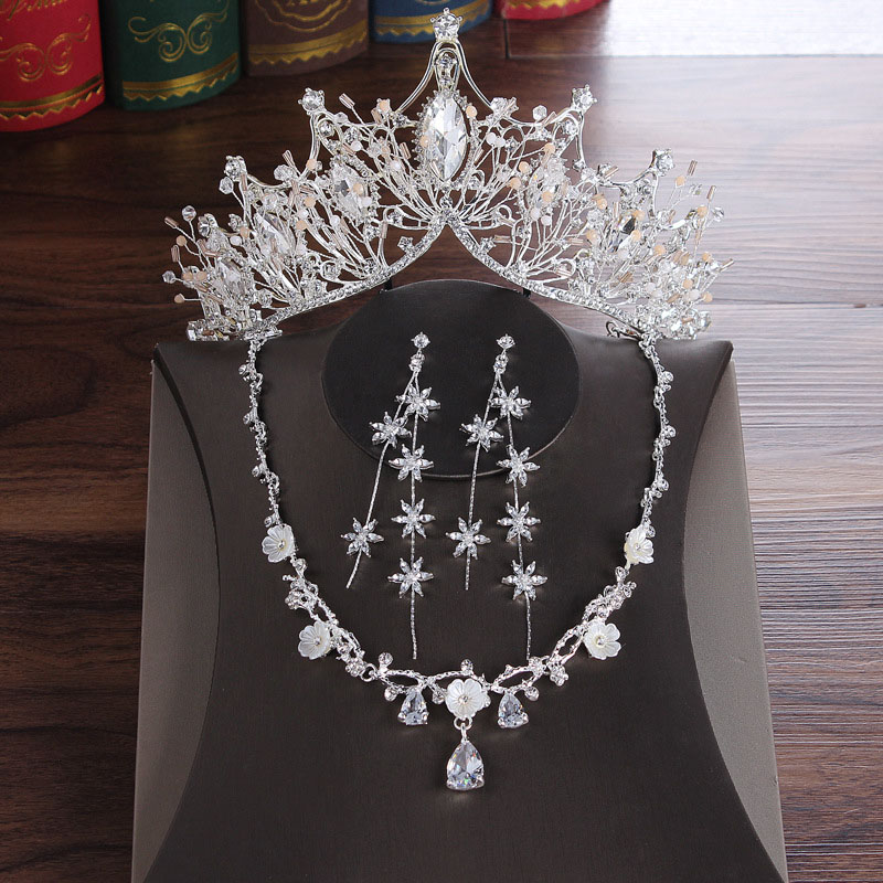 Wholesale Korean Bride Golden Crown Hair Ornaments Necklace Earrings Three Sets