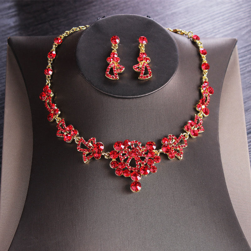 Wholesale Bride Red Alloy Rhinestone Earrings Necklace Two-piece Set