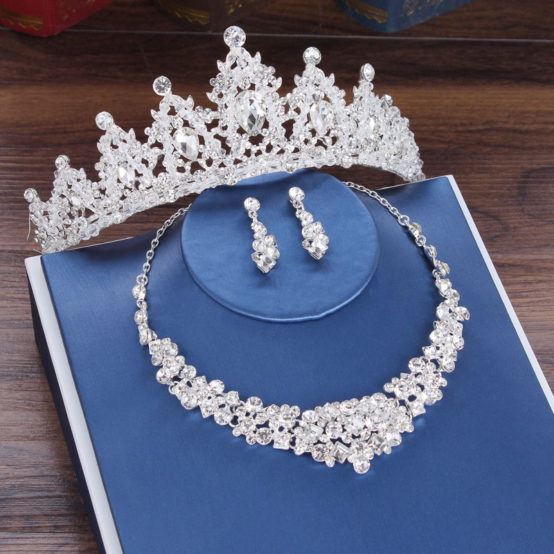 Wholesale Bridal Crystal And Diamond Crown Necklace Earrings Three Sets