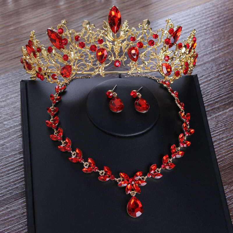 Wholesale Bride Red Crown Necklace Earrings Three Pieces Set