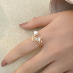 Bow Zircon Pearl Light Luxury Adjustable Open Ring Vendors
