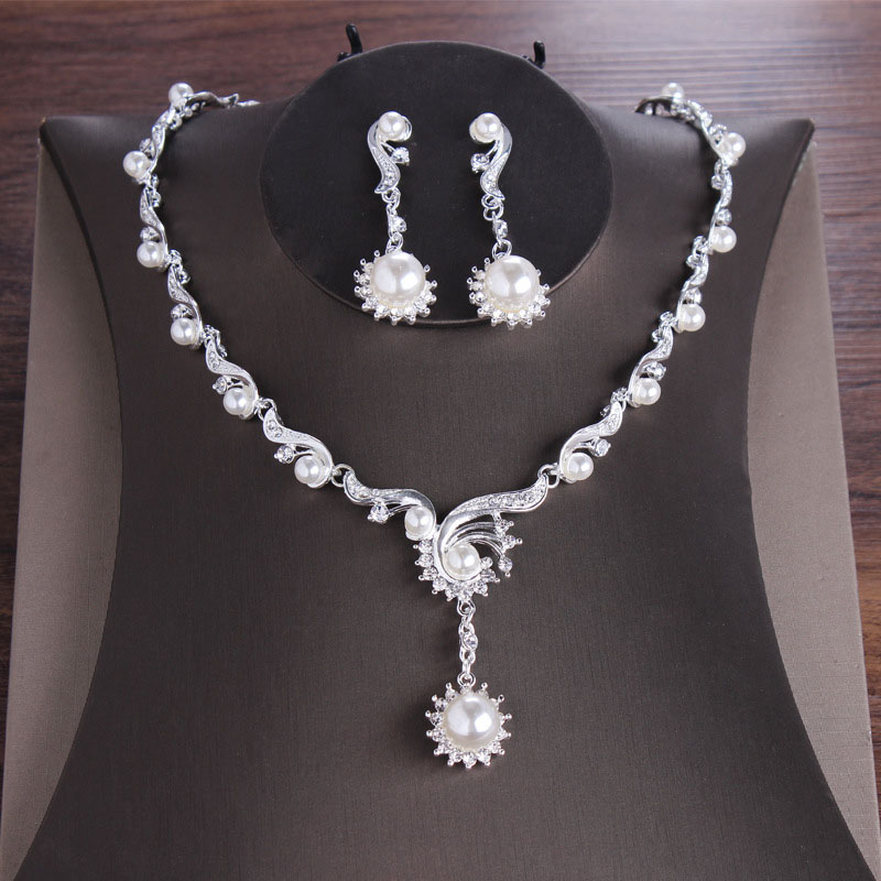 Wholesale Simplicity Zircon Bride Pearl Necklace Earrings Two-piece Set