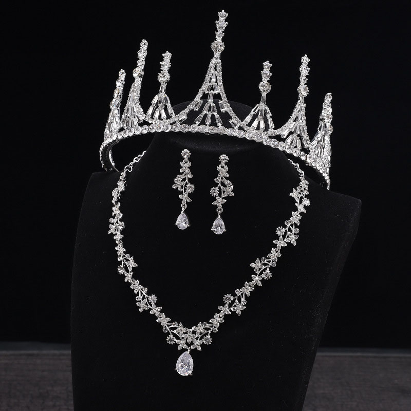 Korean Style Bridal Crown Necklace Earrings Headdress Three Pieces Set Supplier