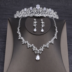 Wholesale Korean Zircon Bridal Crown Necklace Earrings Three Pieces Set