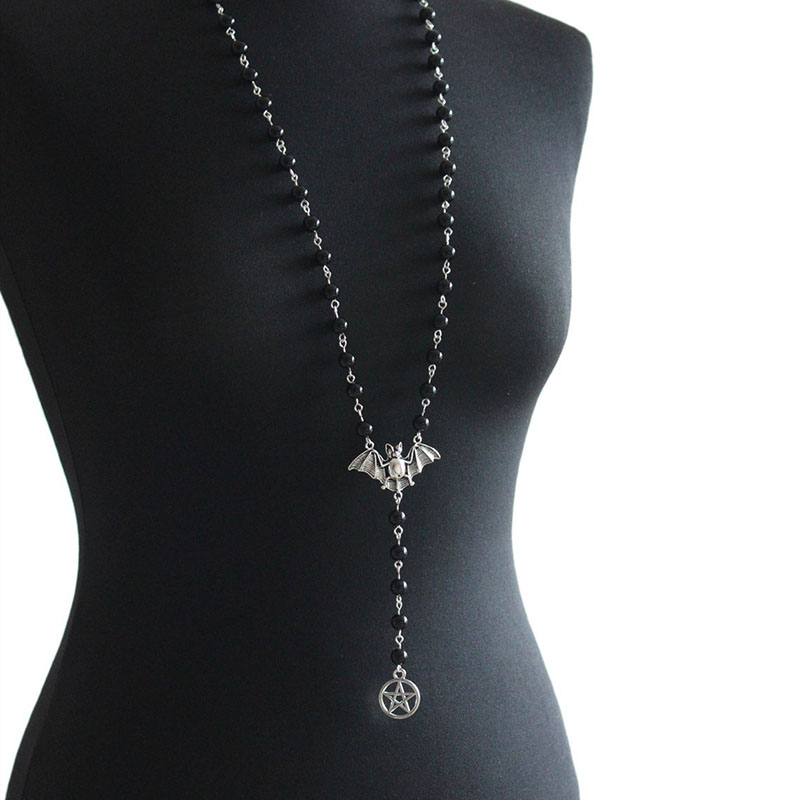 Rosary Gothic Silver Bat Pentagram Pendant Necklace Suppliers