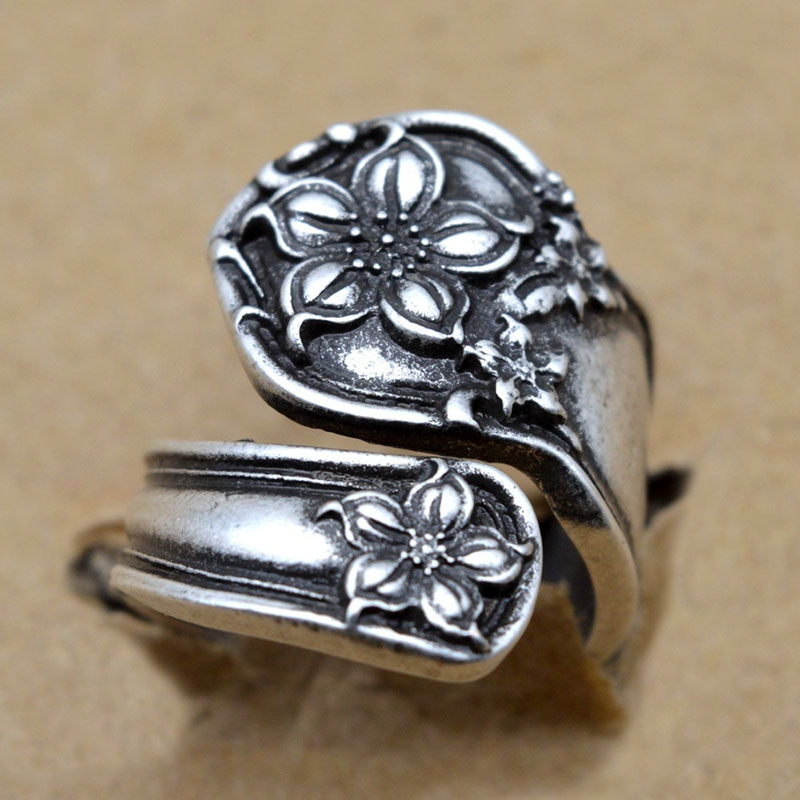 Fashion Alloy Flower Handmade Antique Silver Spoon Ring Distributors