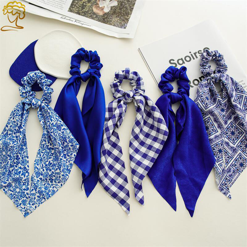 Wholesale Jewelry Blue Square Towel Satin Fabric Thick Plaid Floating Ribbon Large Intestine Hair Band Headband