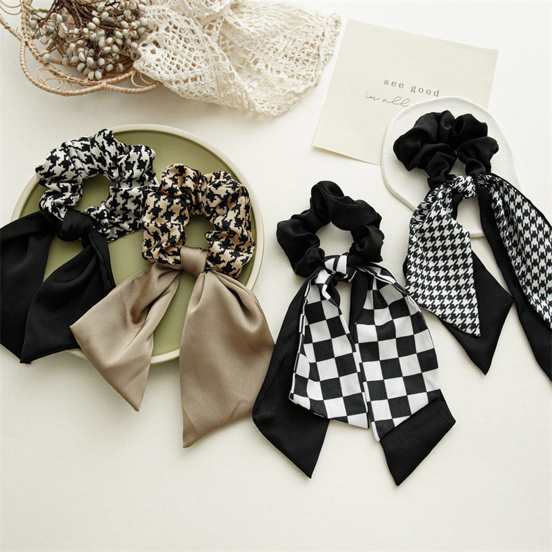 Wholesale Jewelry Black And White Checkered Bow Tie Floating Ribbon Thousand Bird Checkered Large Intestine Hair Ring