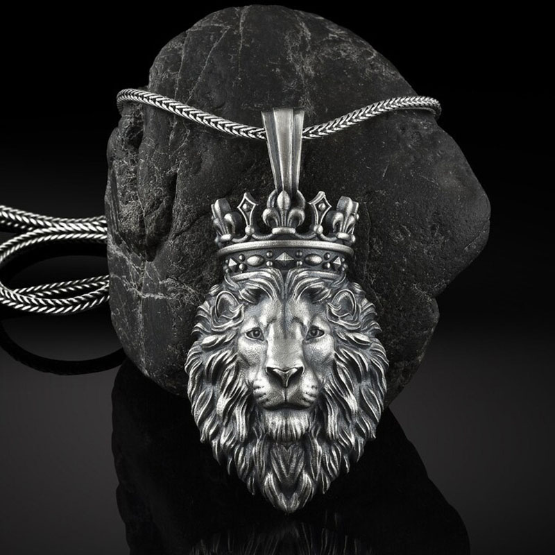 Stainless Steel Hip Hop Crown Lion Pendant Punk Titanium Steel Necklace Distributor