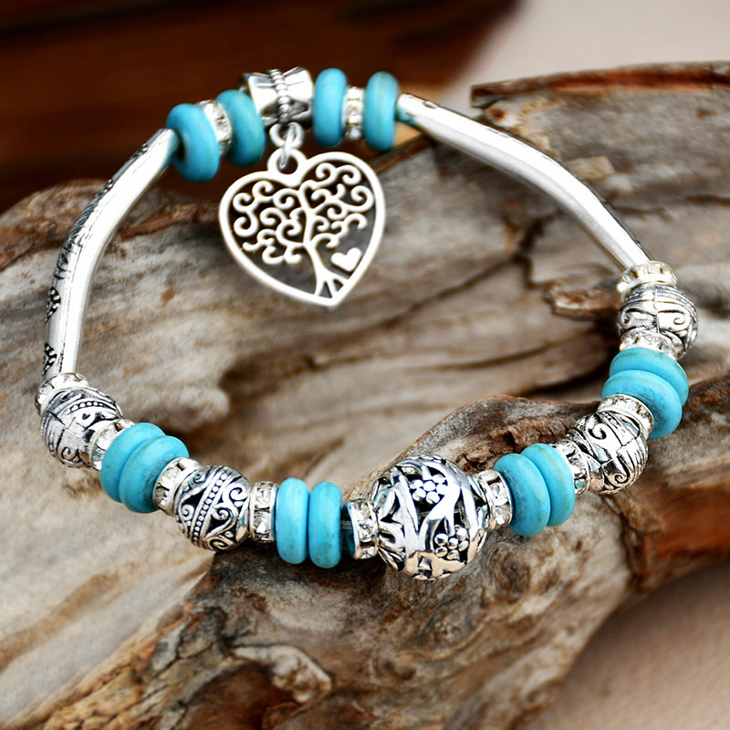 Tibetan Silver Flowery Beaded Turquoise Ethnic Vintage Miao Silver Heart Bracelet Manufacturers