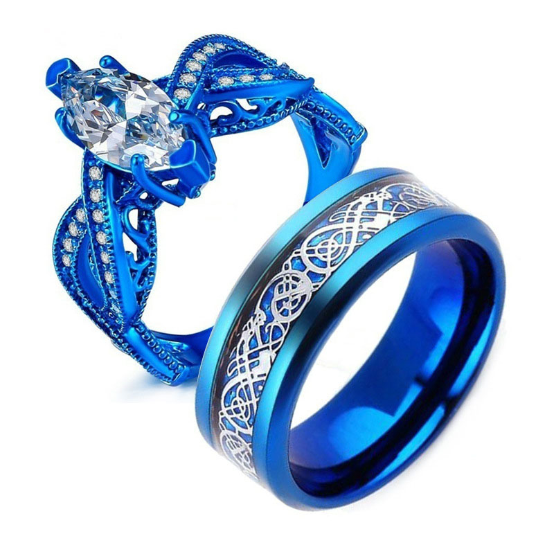 Fashion Blue Gold And Blue Background Silver Piece Dragon Pattern Couple Ring Manufacturer