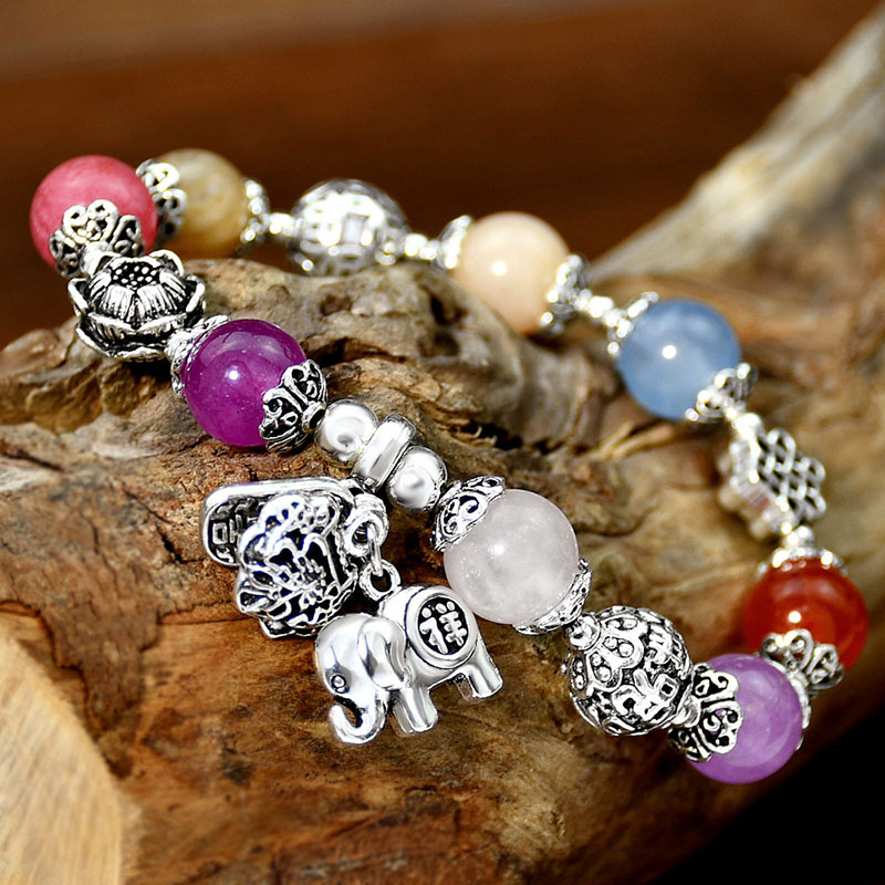 Ethnic Retro Miao Silver Onyx Elephant Pendant Rainbow Tourmaline Bracelet Manufacturers
