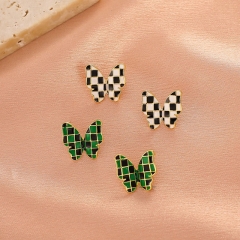 Dark Green Vintage Butterfly Metal Drip Oil Fashion Checkerboard Earrings Manufacturers