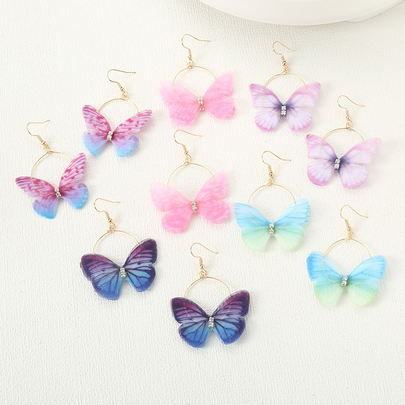Wholesale Butterfly Double Layer Tulle With Diamonds Colorful Fashion Earrings