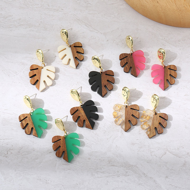 Wholesale Wooden Resin Synthetic Leaves Fashion Earrings