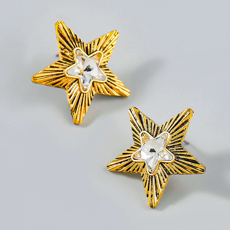 Wholesale Fashion Retro Striped Alloy Star Earrings With Diamonds