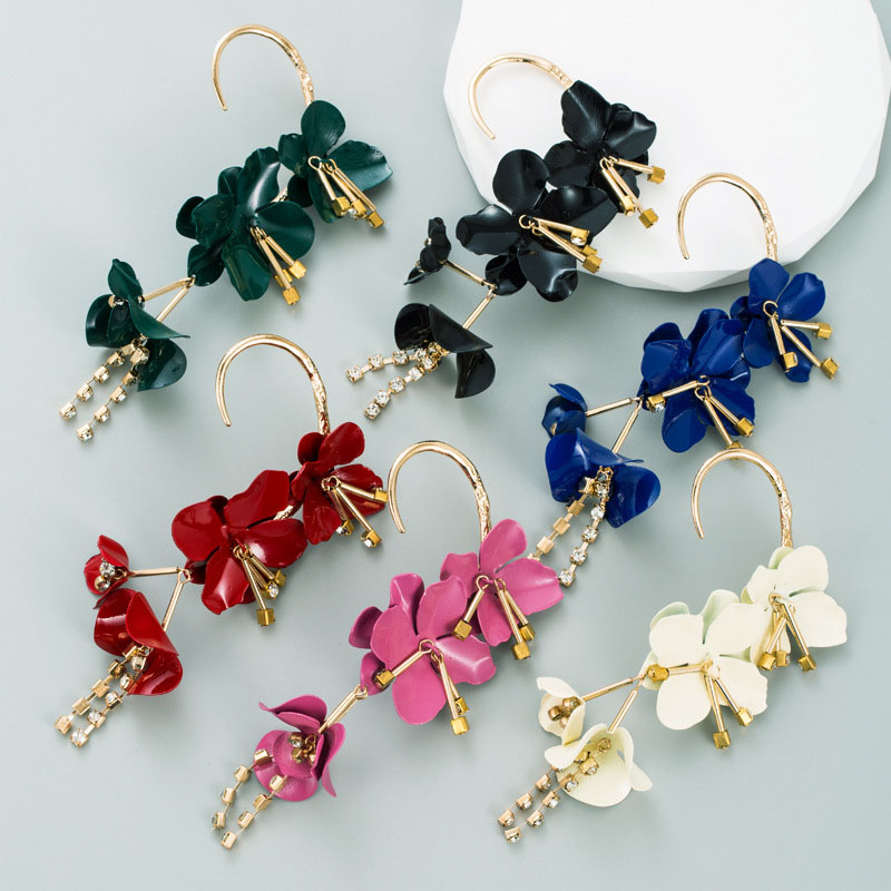 Wholesale Multi-layer Alloy Baked Floral With Diamonds Tassel Vintage Earrings Single Set