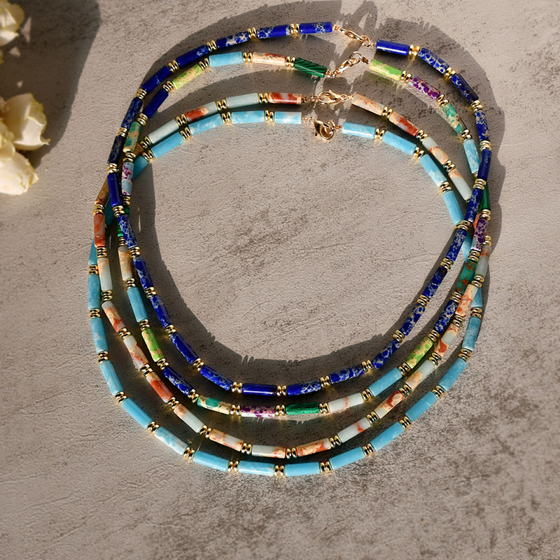 Wholesale French Vintage Beaded Gold Necklace Semi-precious Stone Lapis Lazuli Clasp Chain