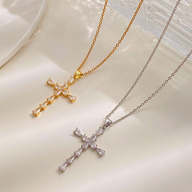 Wholesale Simple Cross Pendant With Zirconia Drop Clavicle Chain