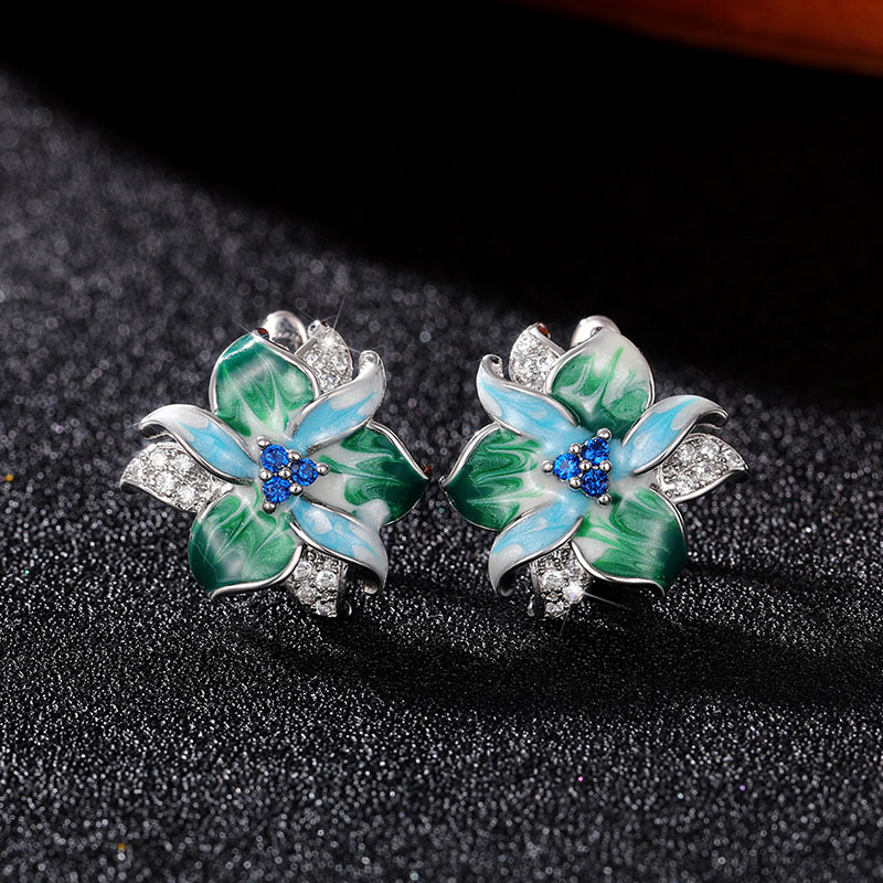 Green Enamel Flower Drip Zircon Earrings Distributors