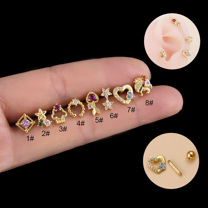 Fashion Colored Zirconia Heart-shaped Double-headed Screw Ball Cartilage Piercing Earrings Distributors