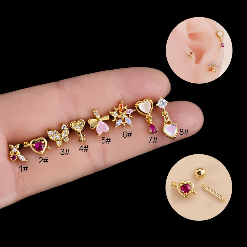 Fashion Pink Zircon Love Double-headed Screwed Thick Rod Cartilage Pierced Earrings Distributors