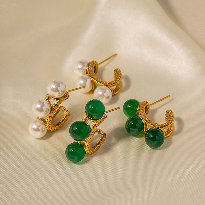 Wholesale Classic Stainless Steel Hammered 18k Gold Set Green Onyx Pearl Earrings