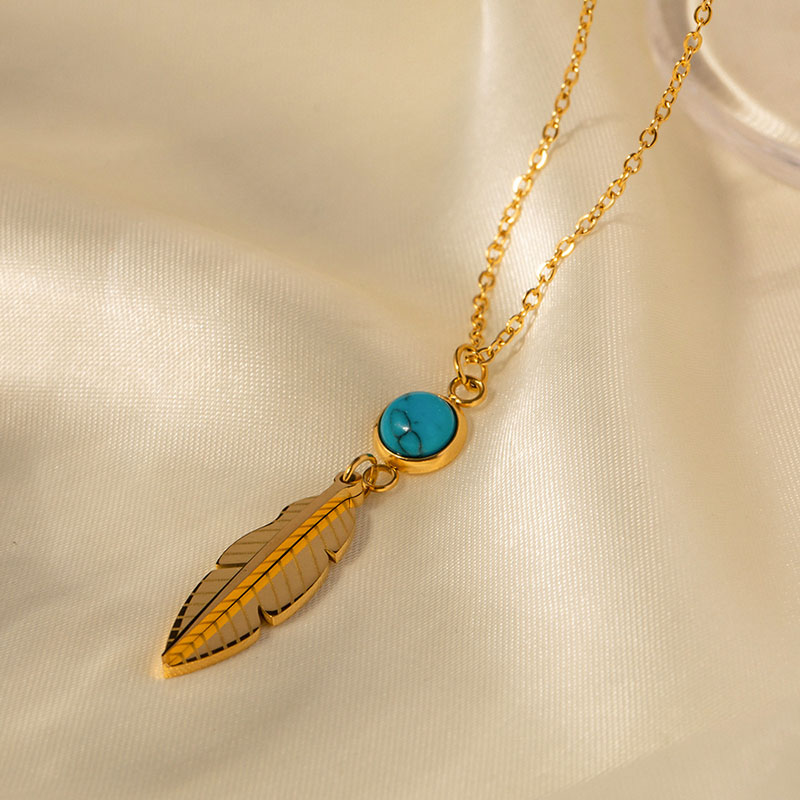Wholesale Stainless Steel Feather Inlaid Turquoise Pendant Necklace