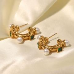 18k Gold Set Green Square Zircon Pearl Lava Earrings Suppliers