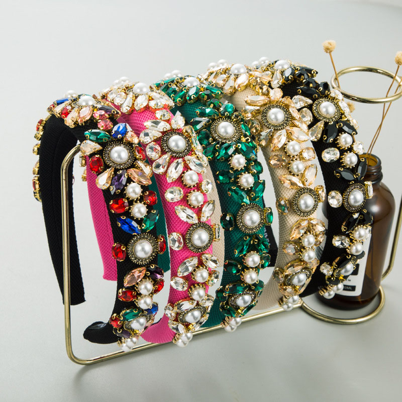 Wholesale Fashion Baroque With Diamonds And Pearls Luxury Wide Side Hair Band