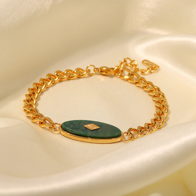 Wholesale Fashion 18k Gold Plated Vintage Inlaid African Jade Titanium Steel Bracelet