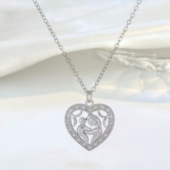 Wholesale Mother's Day Fashion Copper Zircon Flower Heart Mother And Child Embrace Pendant Necklace