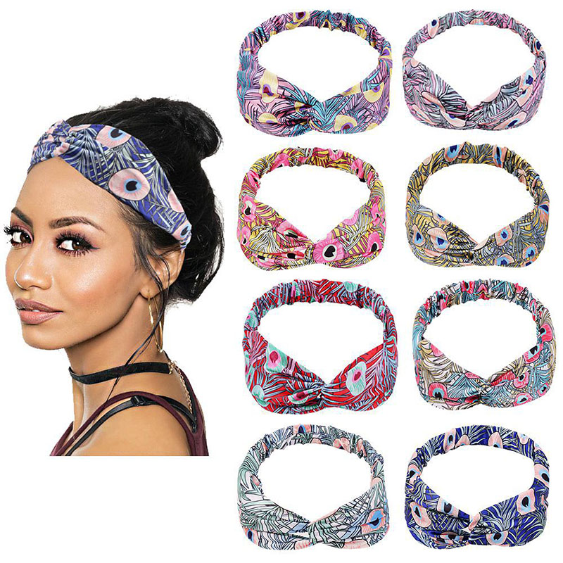 Crossed Leather Band Peacock Multi-color Printed Silk Scarf Hairband Vendors