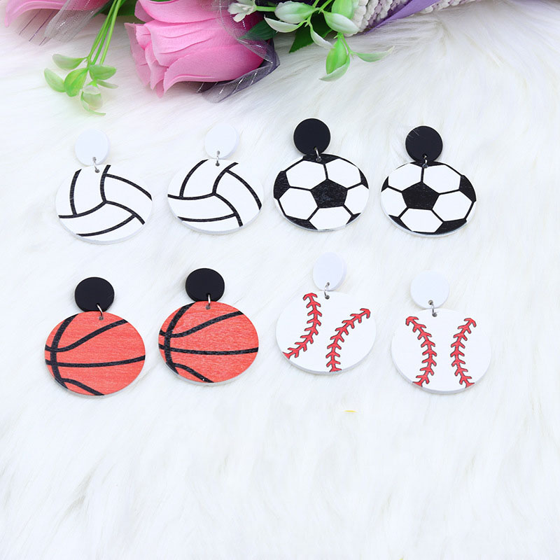 Wooden Printed Basketball Football Fashion Geometric Round Earrings Distributor